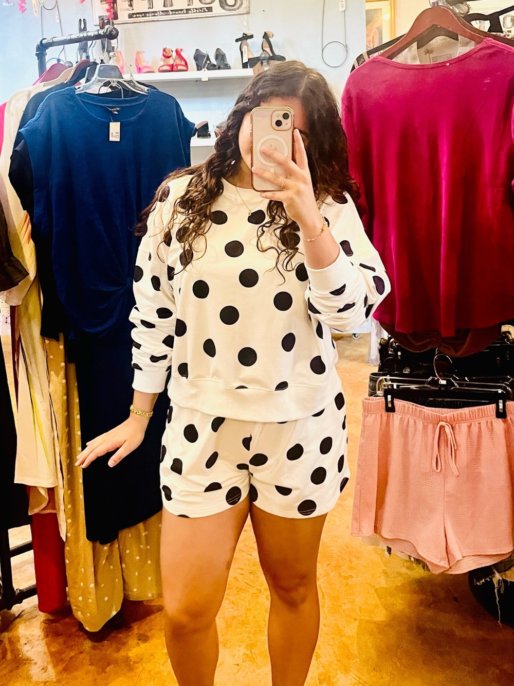 White Polka Dot Sweatshirt & Shorts Set